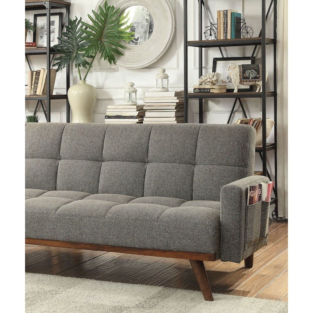 Futon Sofa Gray Color Converts into Bed with Tufted Linen