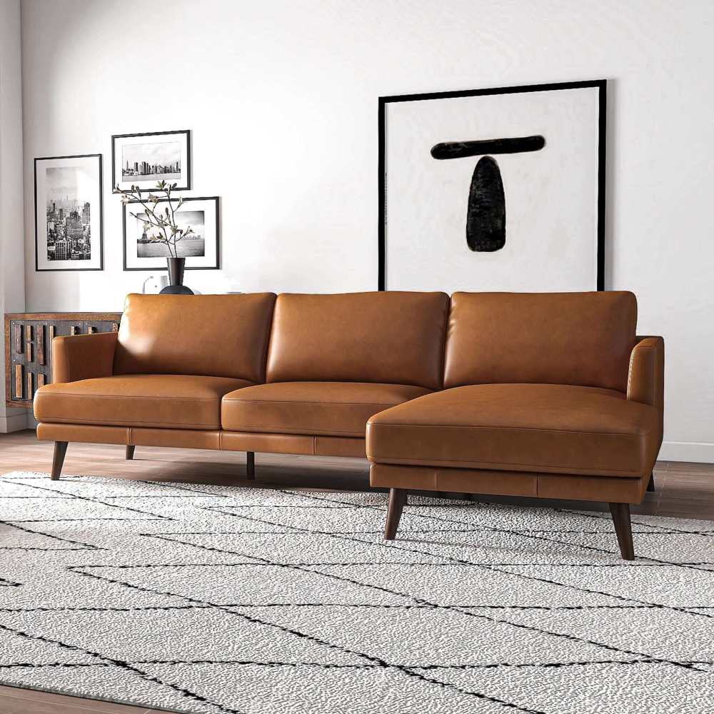L-Shaped Genuine Leather Sectional in Tan - Mid Century Modern