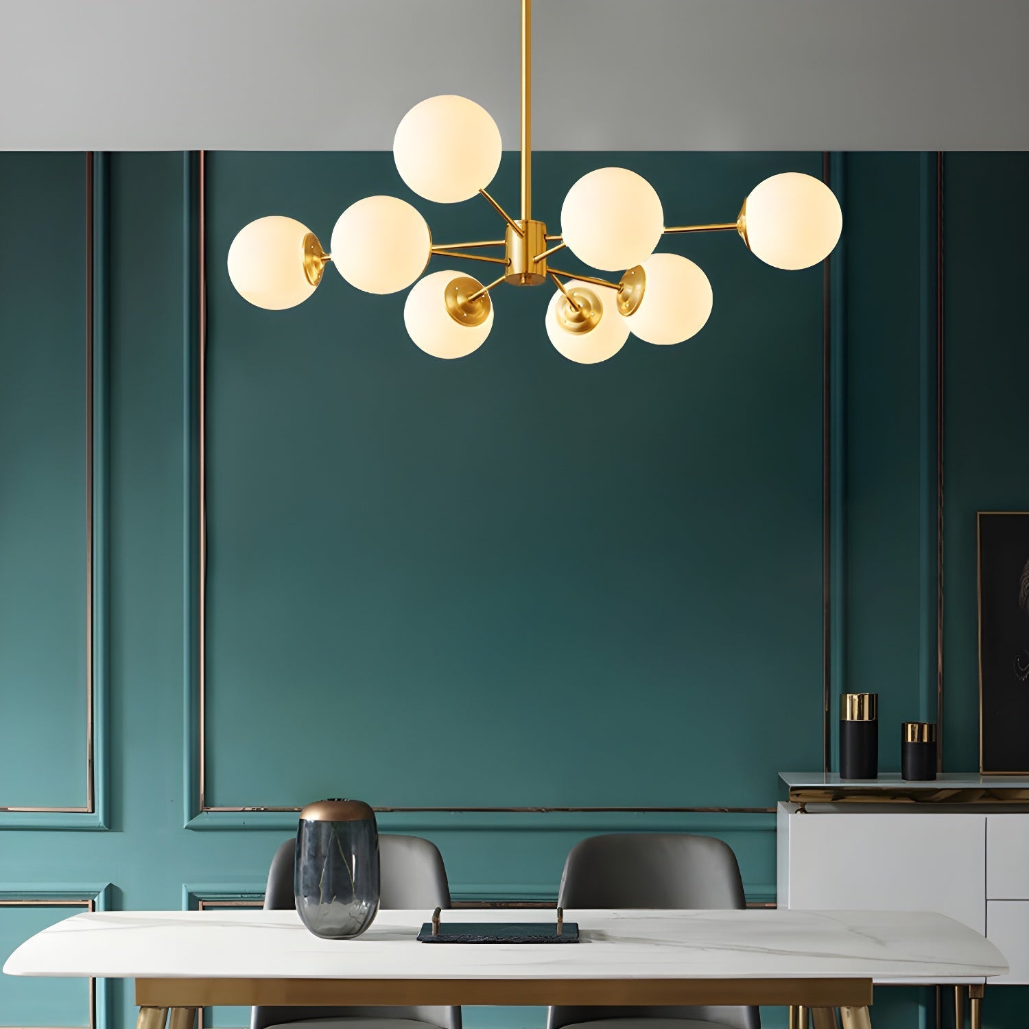 8-light globe pendant light with Sputnik design in a modern dining room setting - motivodecor.com