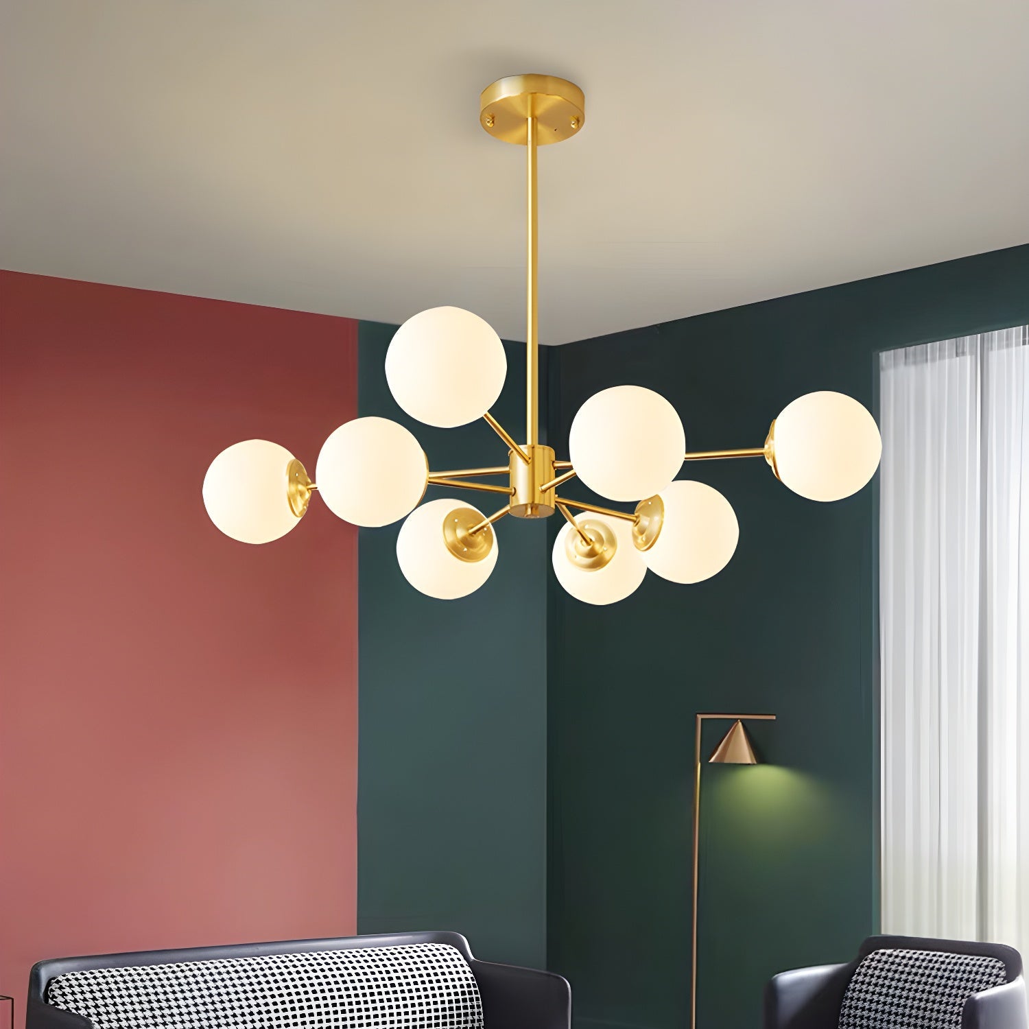 8-light globe pendant light with Sputnik design in a modern dining room setting - motivodecor.com