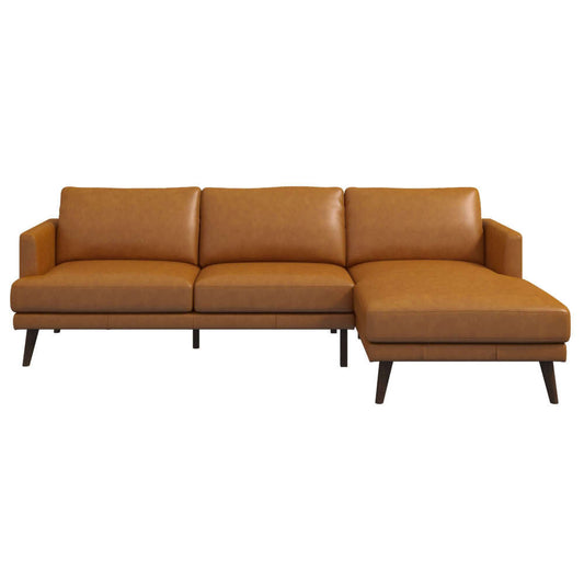 L-Shaped genuine leather sectional in tan with mid-century modern design and tapered dowel legs.