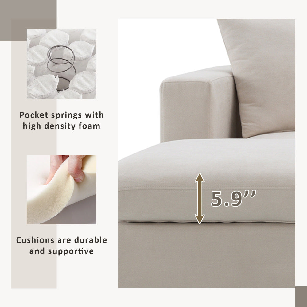 Modern Sectional Sofa with Convertible Ottoman - 3 Seat Couch with 2 Free Pillows