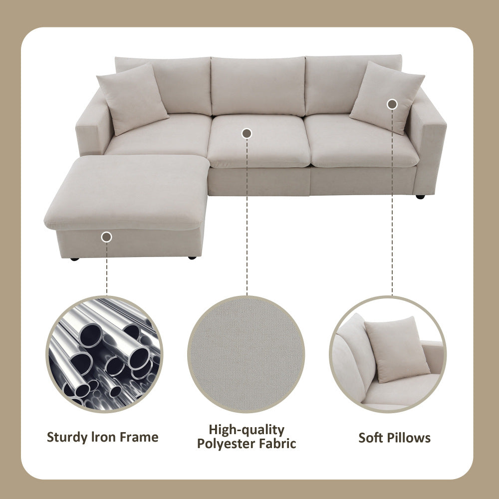 Modern Sectional Sofa with Convertible Ottoman - 3 Seat Couch with 2 Free Pillows