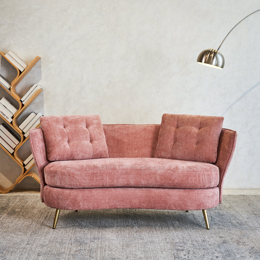 Polyester fiber sofa loveseat with golden metal legs in a small living space setting.