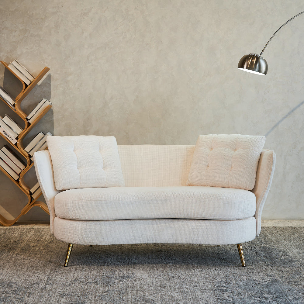 Polyester fiber loveseat with golden metal legs, ideal for small spaces, featuring soft velvet upholstery for a luxurious feel.