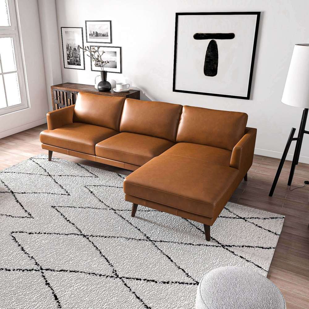 L-Shaped Genuine Leather Sectional in Tan - Mid Century Modern