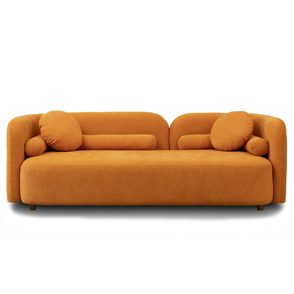 Luxury modern couch upholstered in orange chenille fabric with rounded cushions.