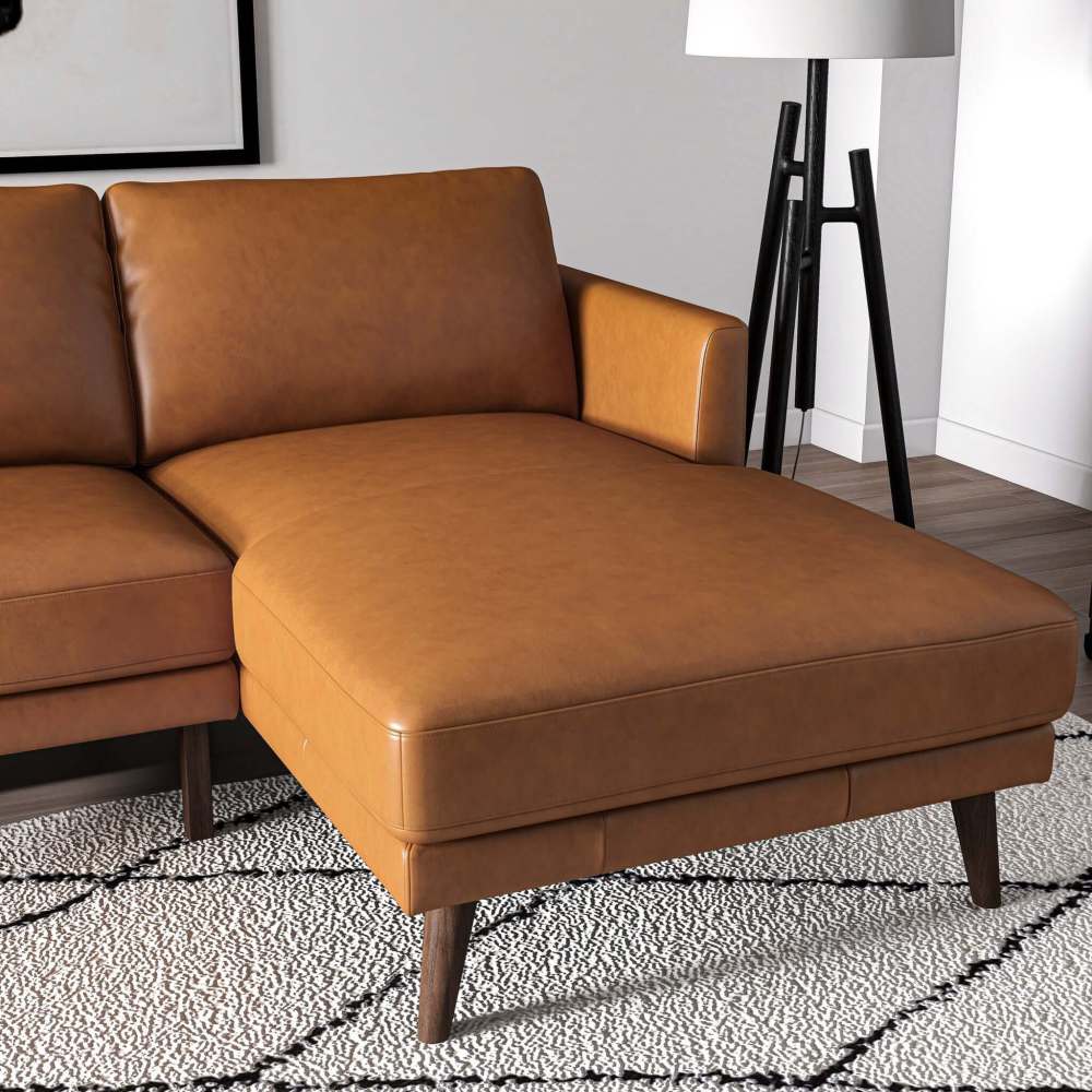 L-Shaped Genuine Leather Sectional in Tan - Mid Century Modern