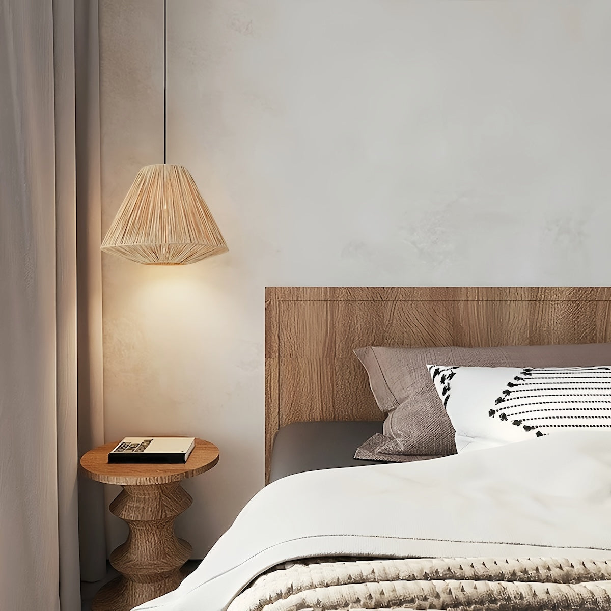 Rattan pendant light with woven eco-friendly straw design hanging in cozy bedroom with warm ambient lighting