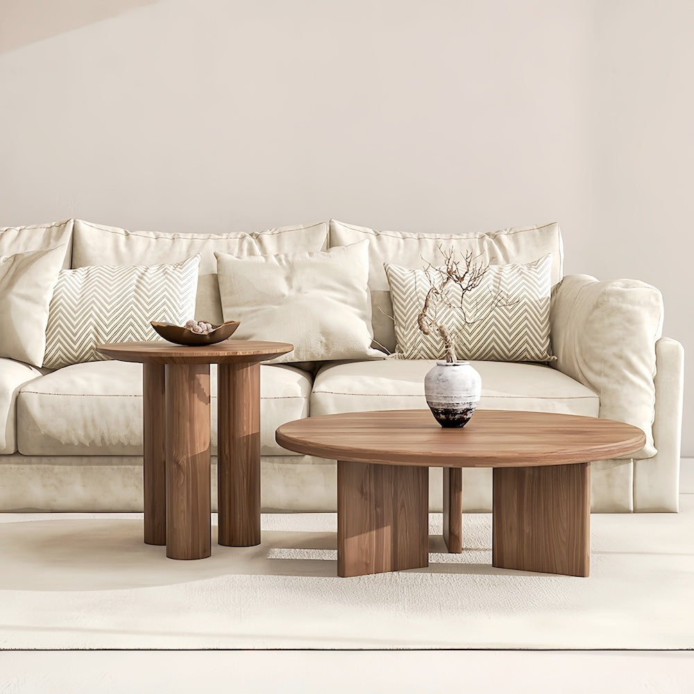 Wabi Sabi solid wood coffee table with side table, featuring natural rustic elegance in a tranquil living room setup.