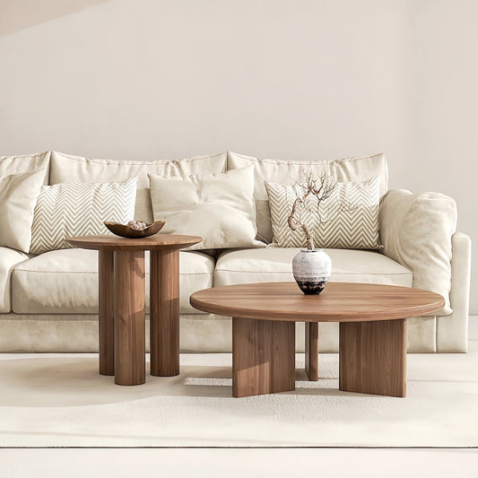 Wabi Sabi solid wood coffee table with side table, featuring natural rustic elegance in a tranquil living room setup.