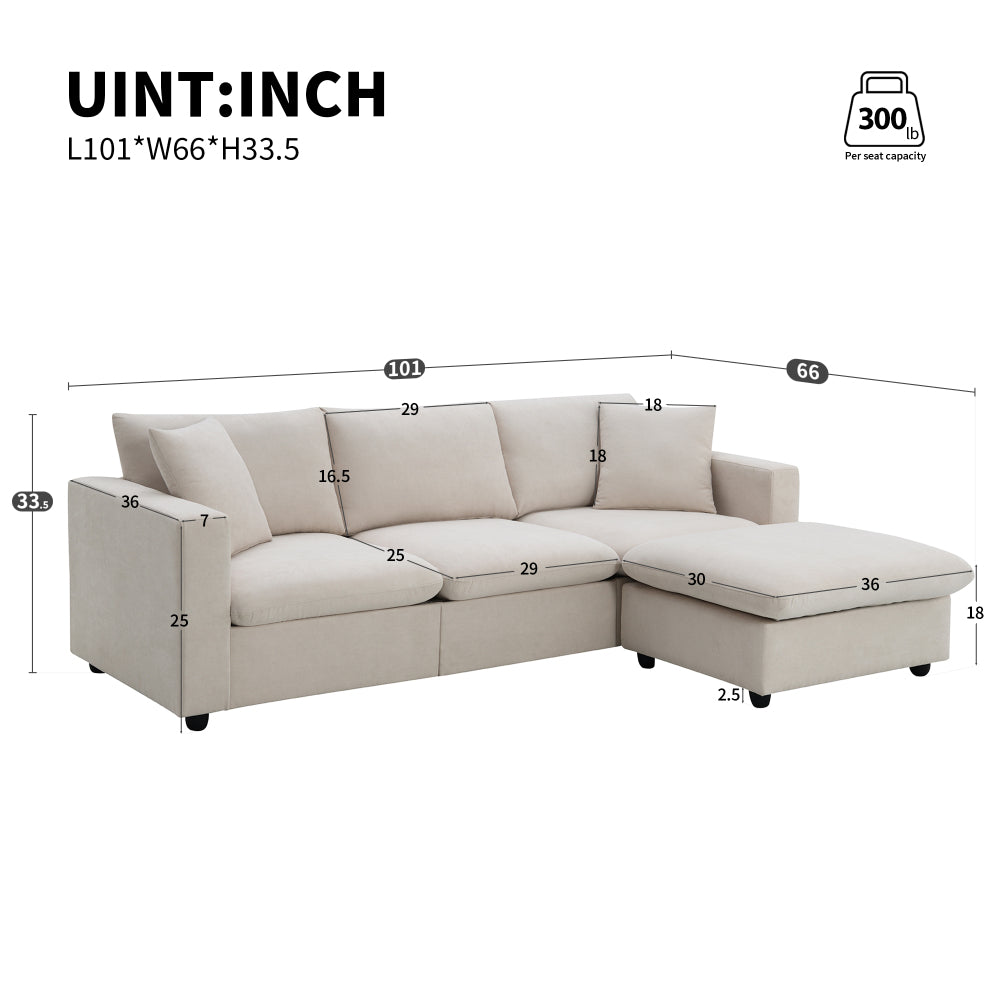 Modern Sectional Sofa with Convertible Ottoman - 3 Seat Couch with 2 Free Pillows