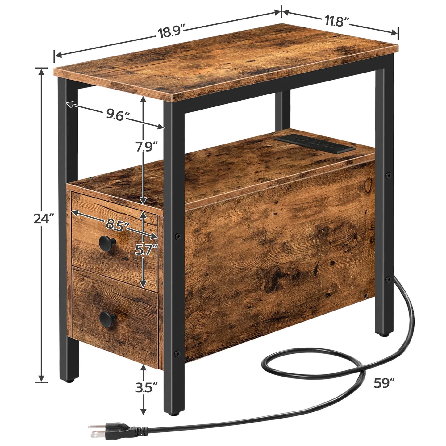 Rustic brown bedside table with charging station, two drawers, metal frame, and USB ports.