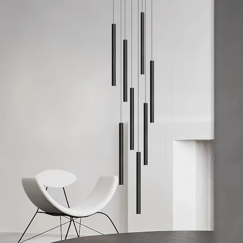 Elegant floating symphony staircase foyer chandelier with sleek black pendants in modern design.