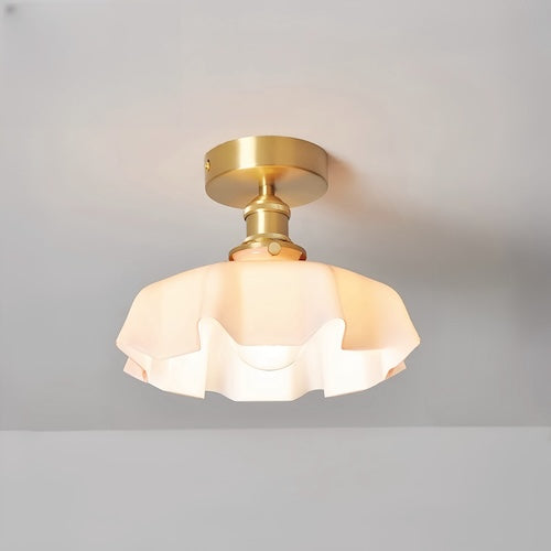 Elegant milky glass flush mount ceiling light with copper fixture and polished finish.