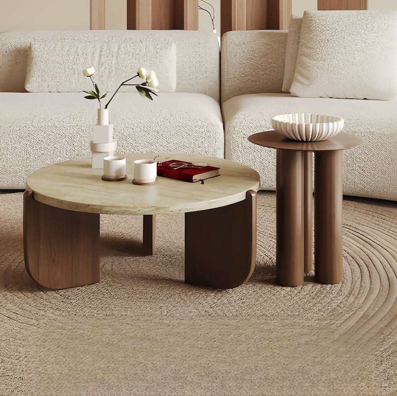 Solid Wood Natural Travertine Coffee Table with travertine stone top and rubber wood legs in a modern living room setting - motivodecor.com