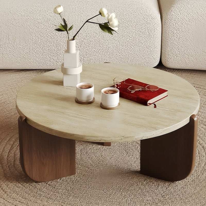 Solid wood natural travertine coffee table with marble top and rubber wood legs - motivodecor.com