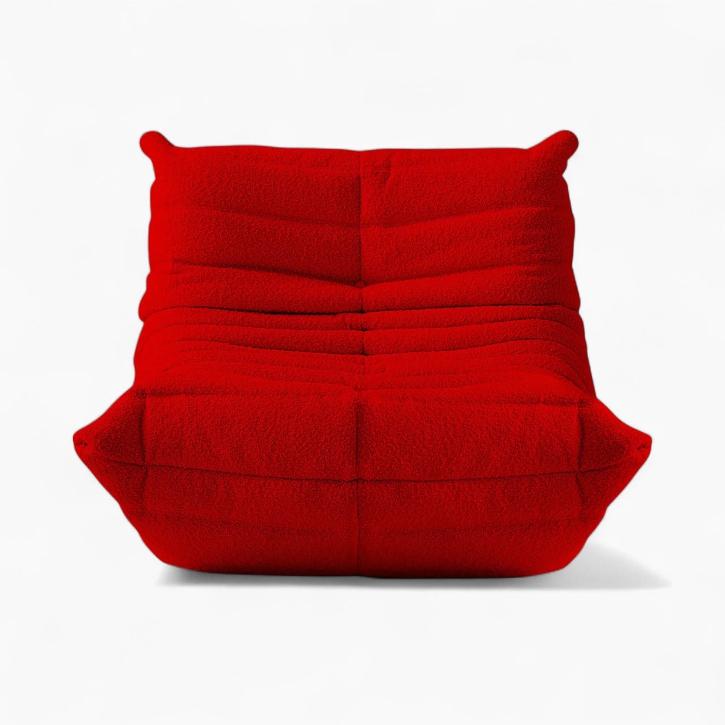 Red Togo Fireside Chair replica upholstered in textured bouclé fabric with ergonomic, quilted design by Michel Ducaroy