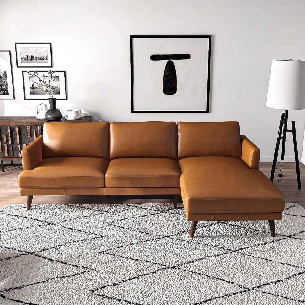 L-Shaped Genuine Leather Sectional in Tan - Mid Century Modern