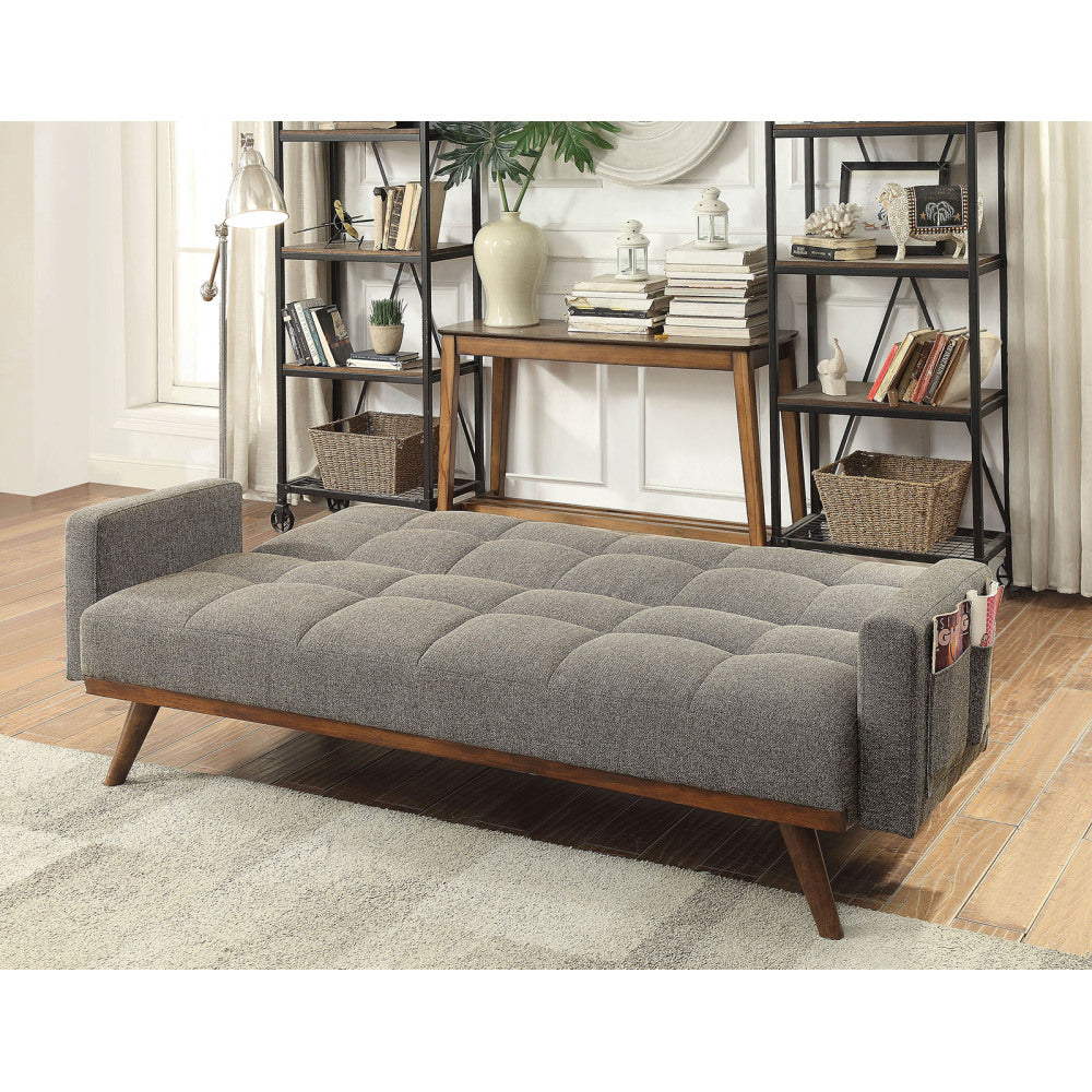 Futon Sofa Gray Color Converts into Bed with Tufted Linen