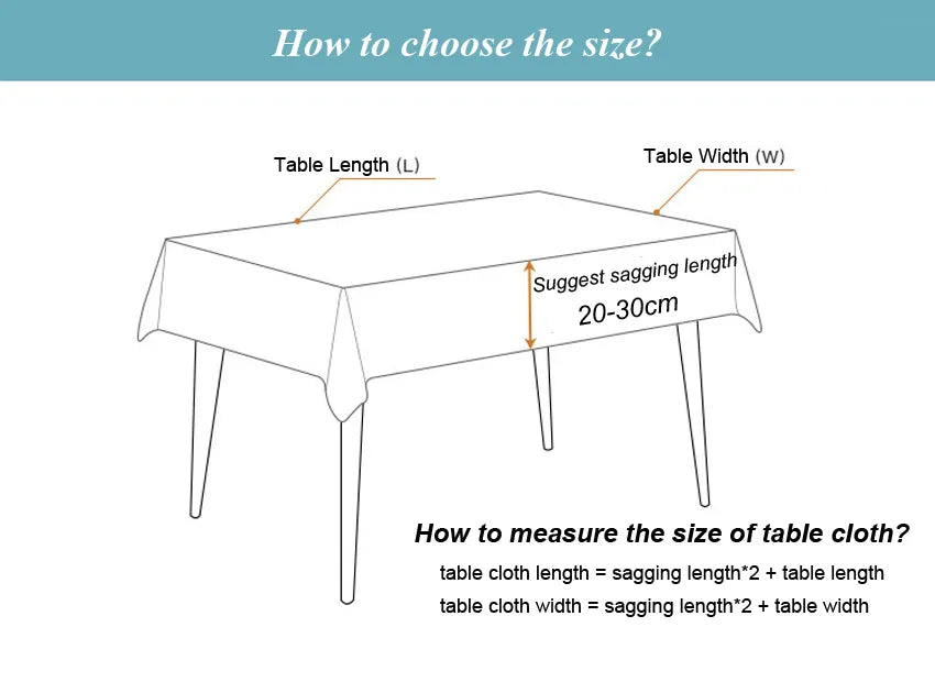 Rectangle tablecloth size guide with length and width measurement.