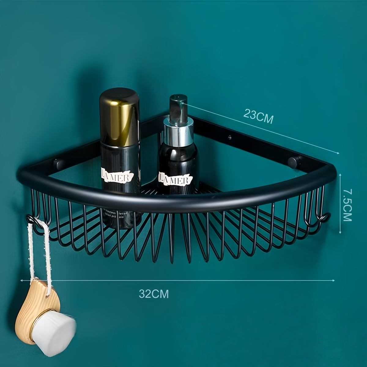 Modern black bathroom towel rack with no-drill brass hardware and multiple storage options