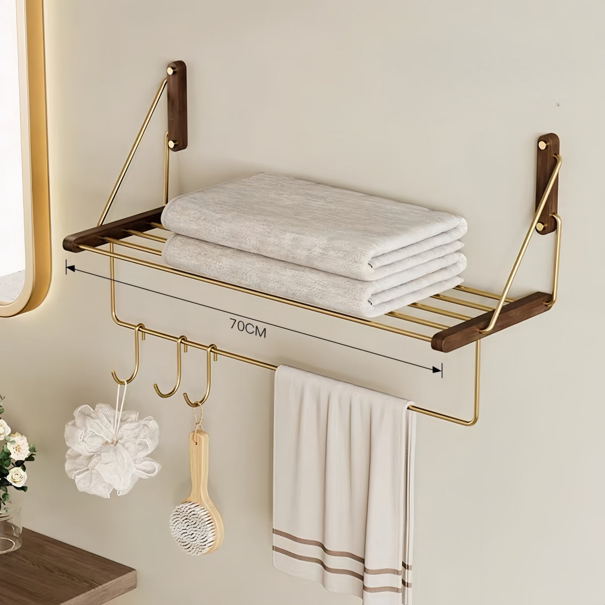 No-drill bathroom towel rack with black walnut wood shelf and stainless steel towel bar mounted on wall