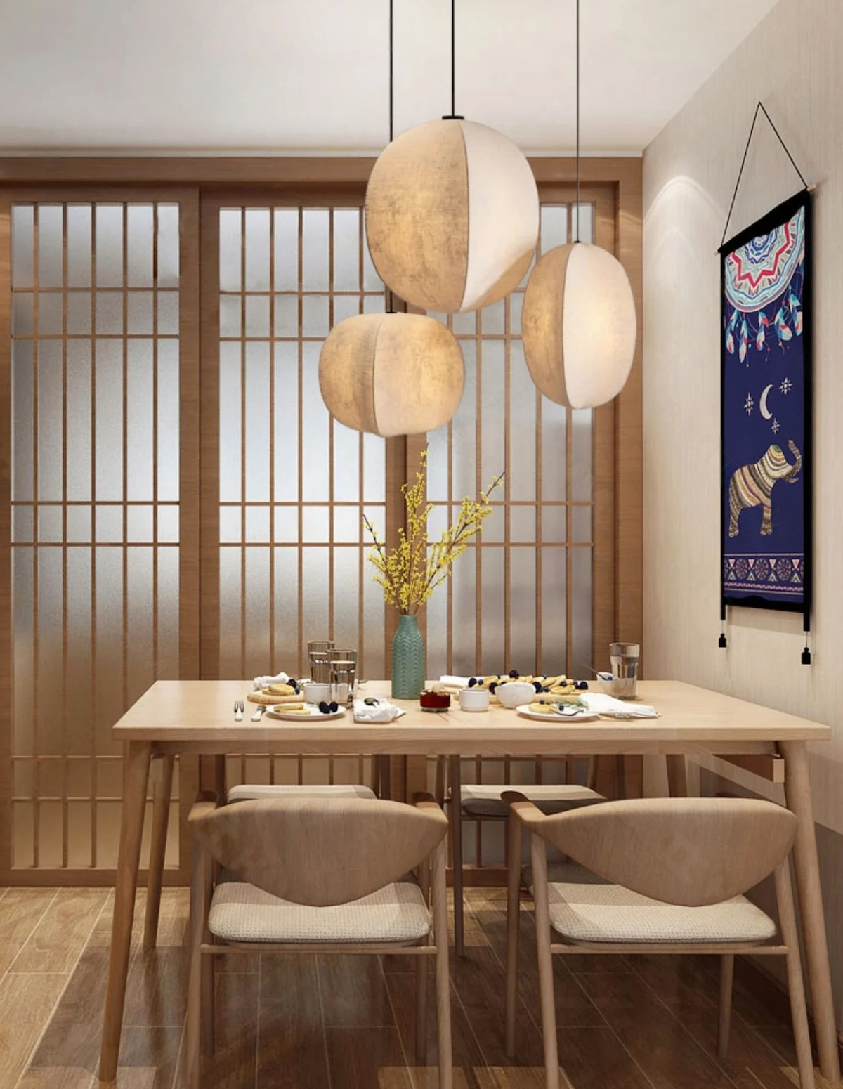 Dining room with wooden table, chairs, and decorative elements, especially the wabi sabi linen pendant light for decoration.