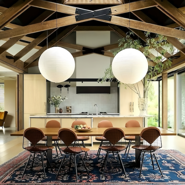 Japanese pendant light with round rice paper shade illuminating modern dining room.