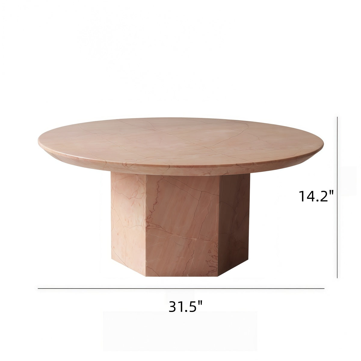 Marble coffee table in pale rose pink with subtle natural veining, round top and chunky pedestal base for a French-Style Living Room.