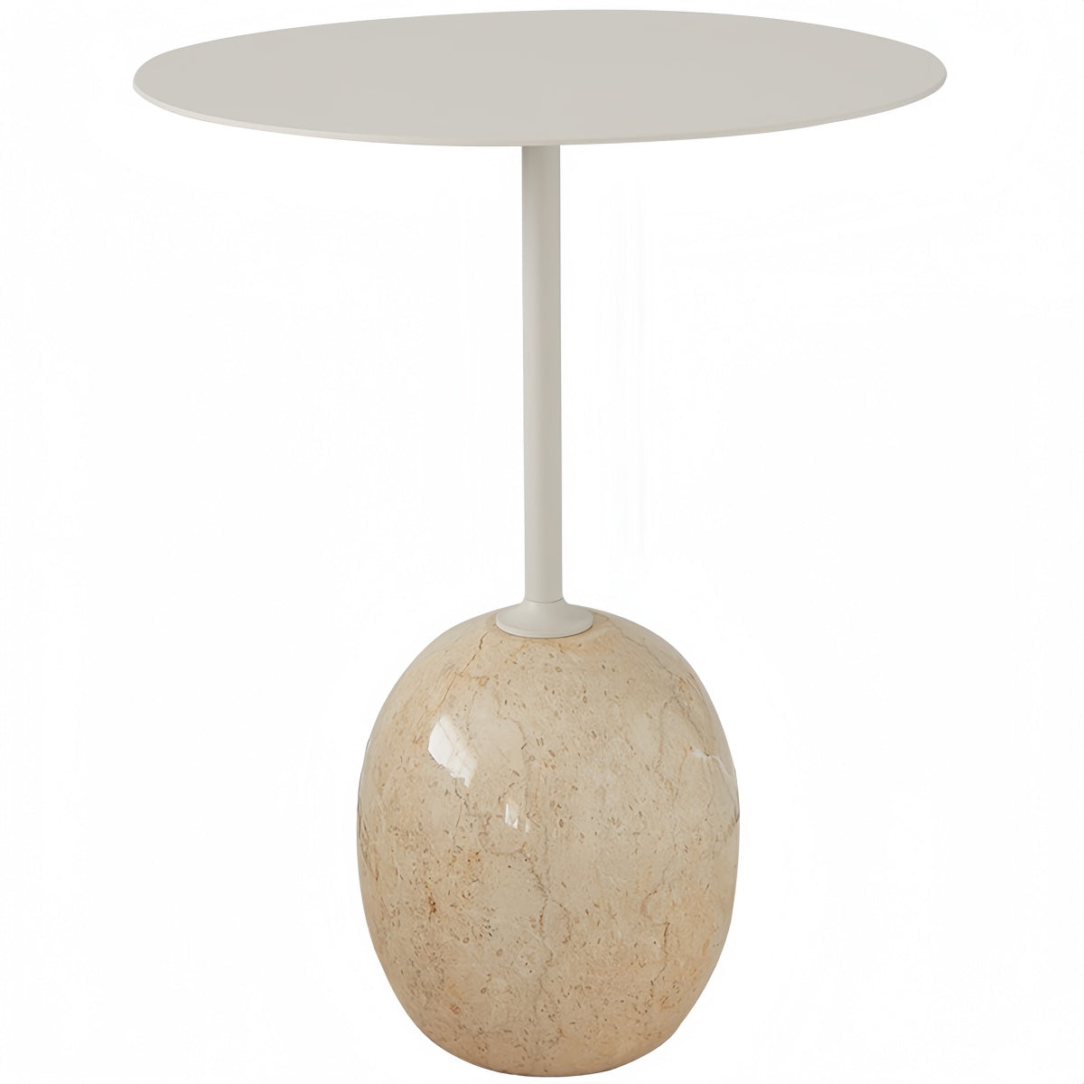 Round side table with a Marble-Style Cream-Toned smooth marble base and a cream matte carbon steel tabletop with rounded edges.