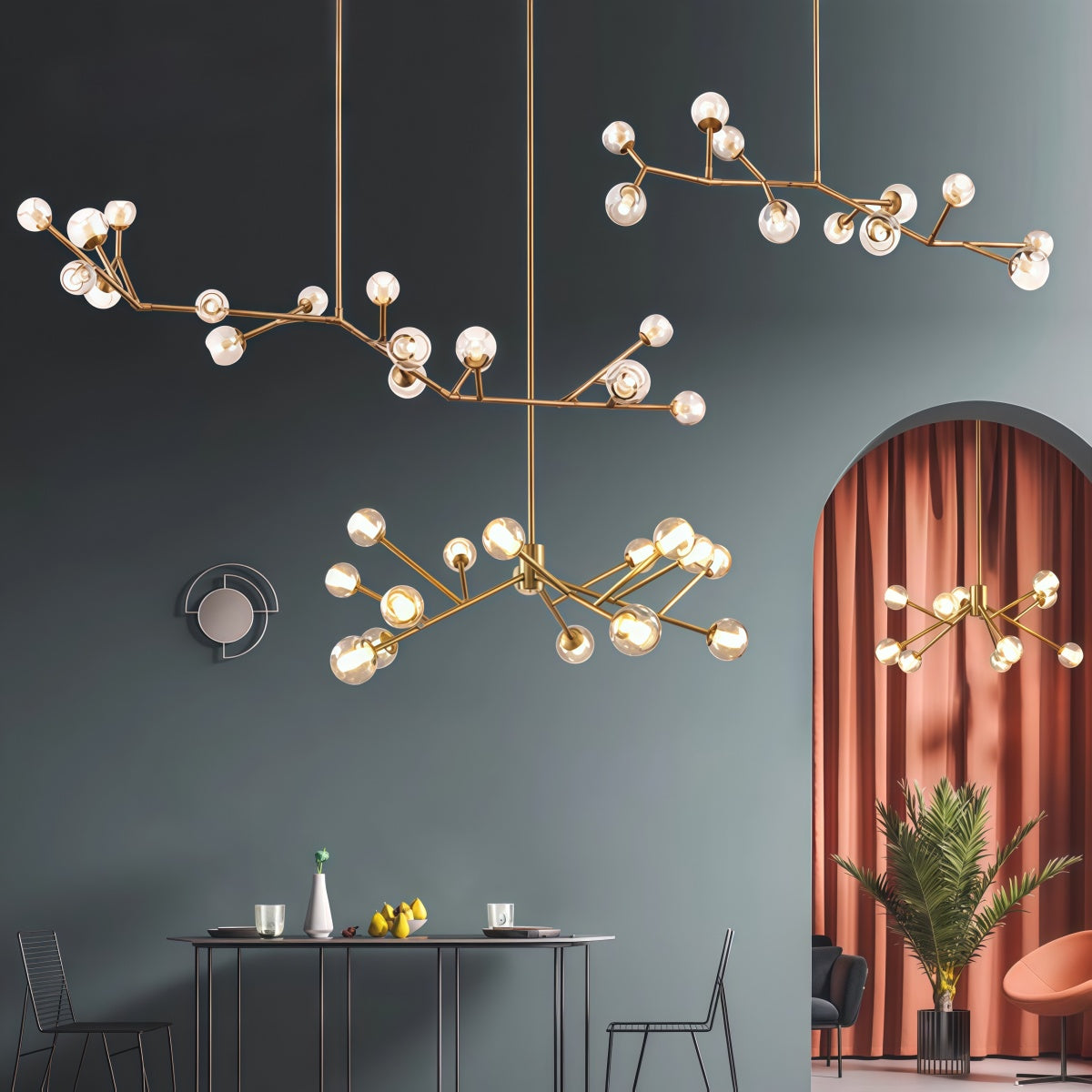 Modern Minimalist All-Copper and Glass Molecular Chandelier for Living Room