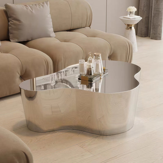 Nordic minimalist stainless steel irregular-shaped island countertop display table with brushed finish for modern living and commercial spaces