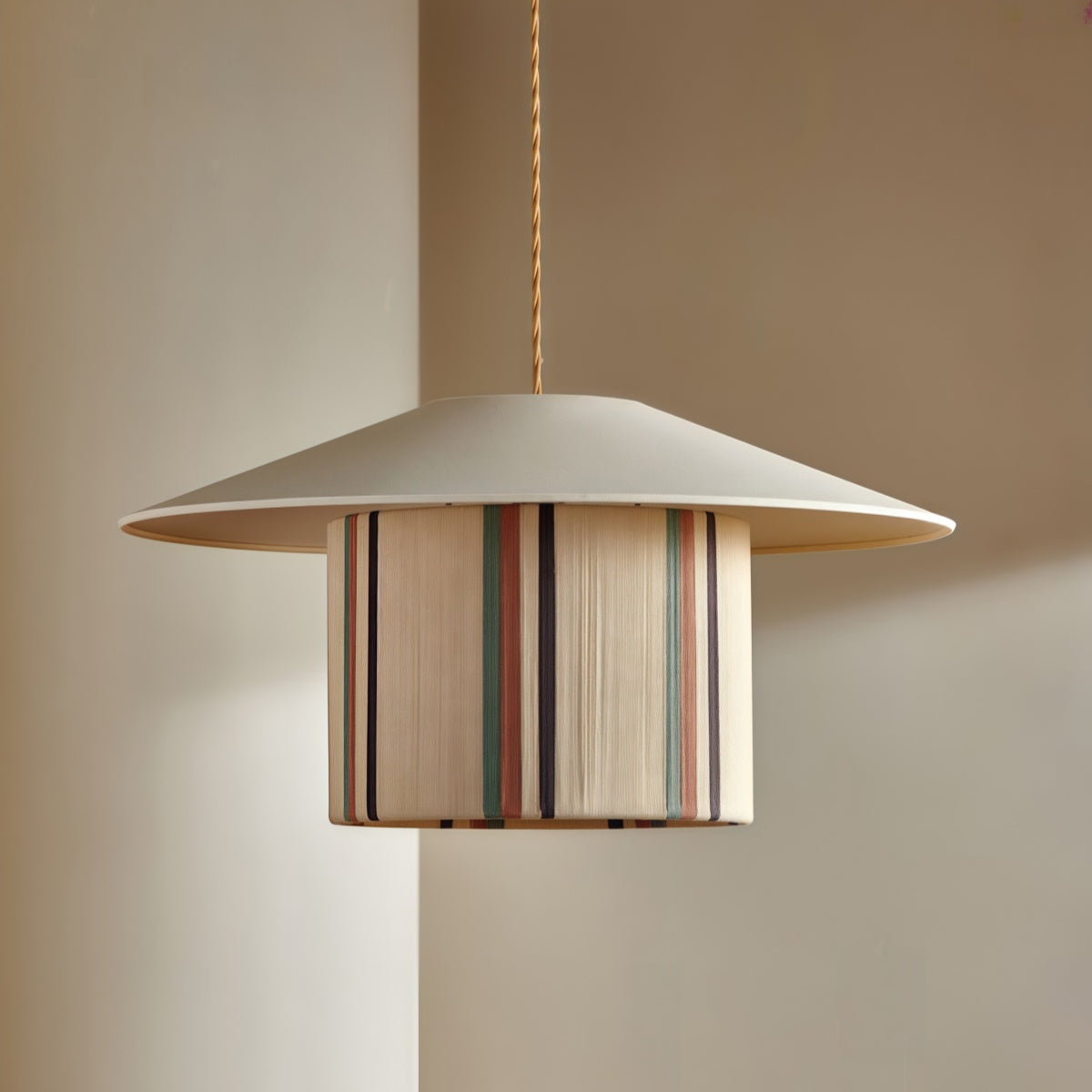 Vintage solid wood woven pendant light with natural cotton thread lampshade in Japanese wabi-sabi style for cozy bedroom or dining room ambiance