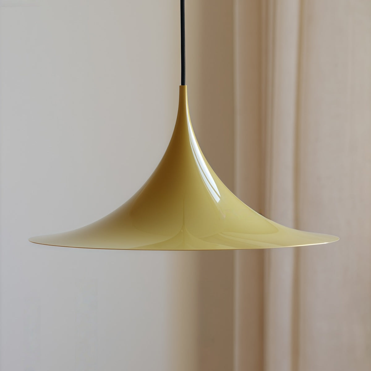 Danish Semi pendant light trumpet-shaped aluminum chandelier with glossy enamel finish in dining room setting