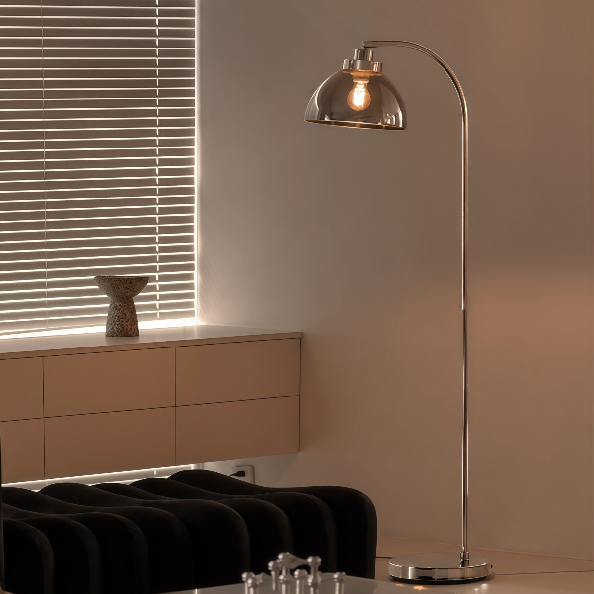Mirror floor lamp with smoked glass shade and iron body for elegant living room lighting