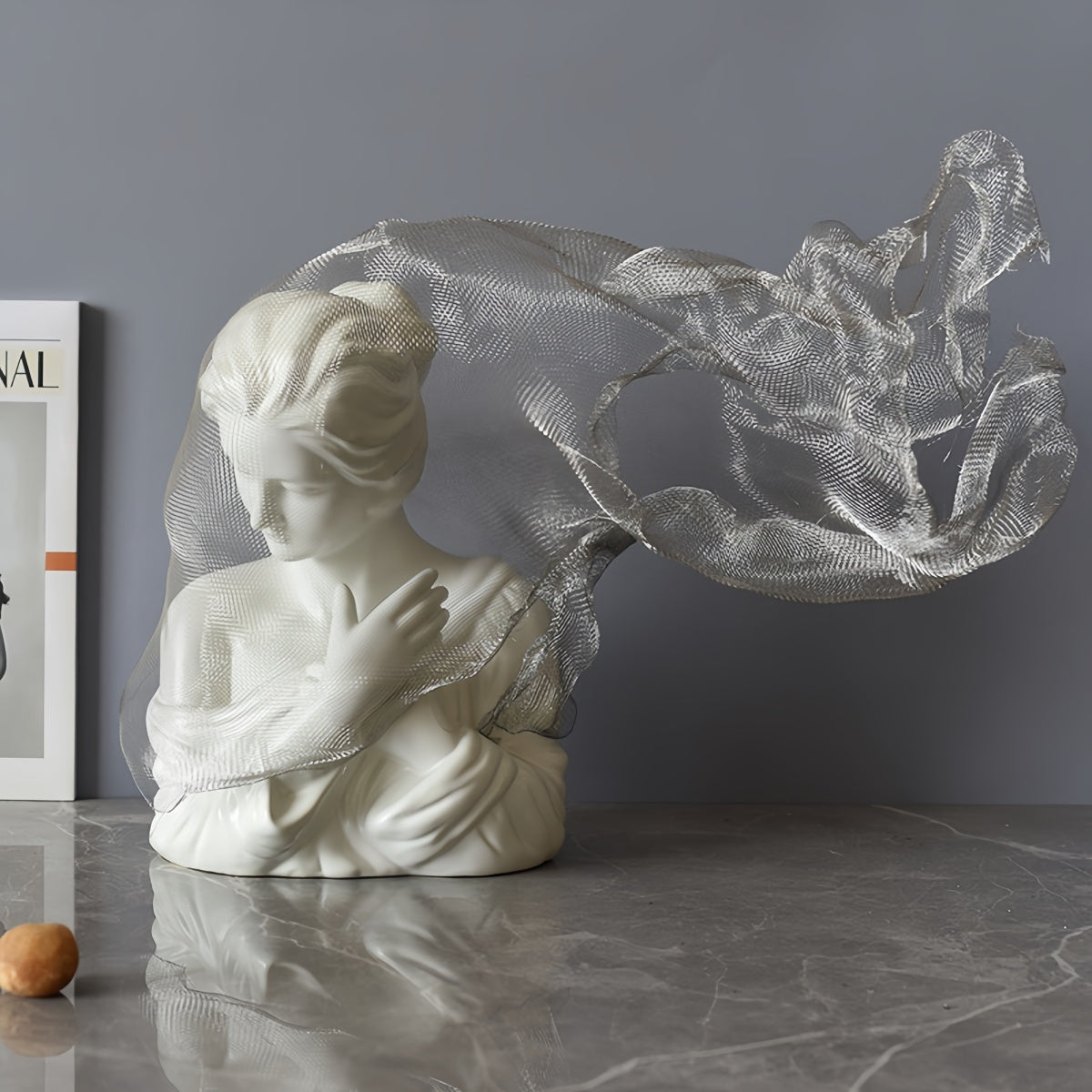 Veiled Maiden Sculpture in white resin with a flowing silver mesh veil, Nordic-inspired design, elegant and detailed craftsmanship.