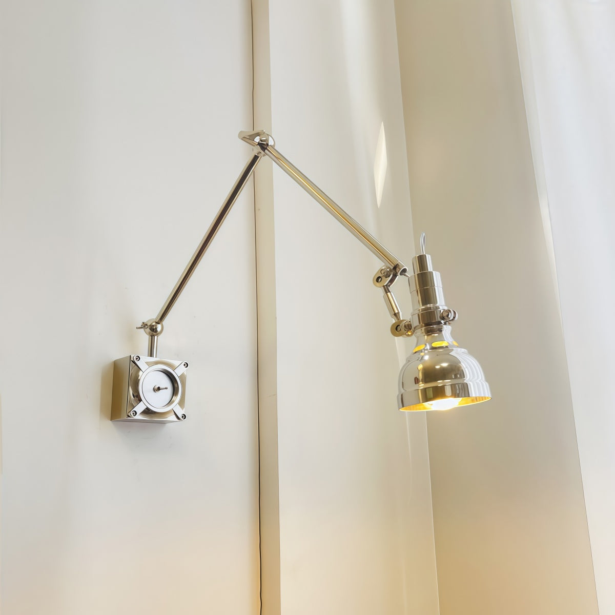 American industrial style swing arm wall lamp with Bauhaus design, iron body, and aluminum shade for living room and bedside reading