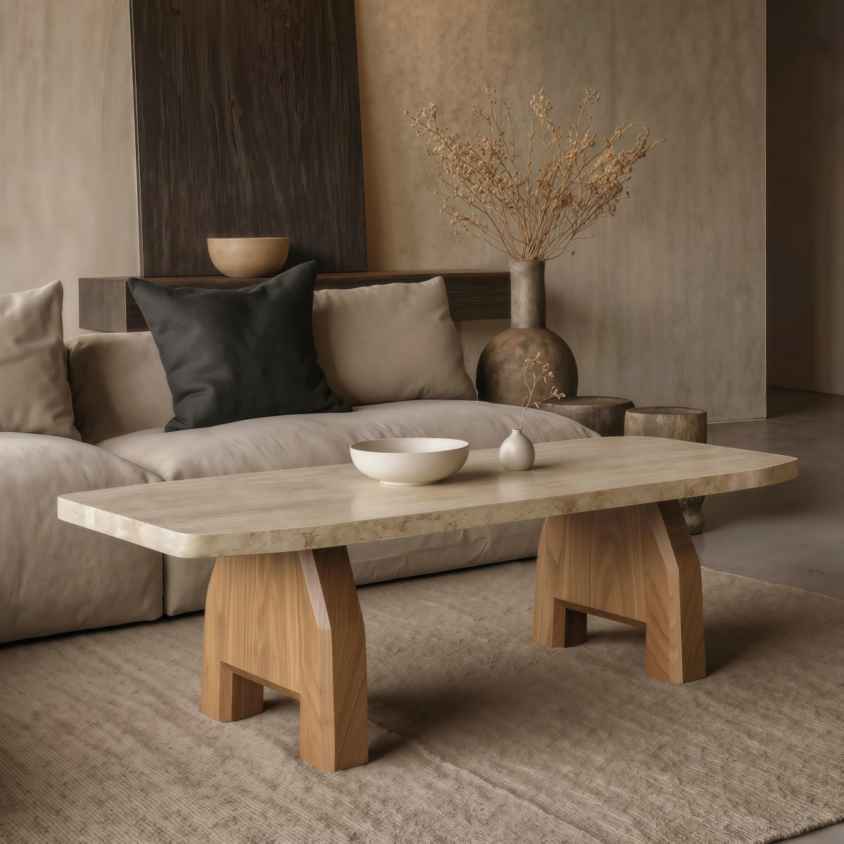 Vintage wabi-sabi style rectangular travertine coffee table with natural wood legs and rounded corners