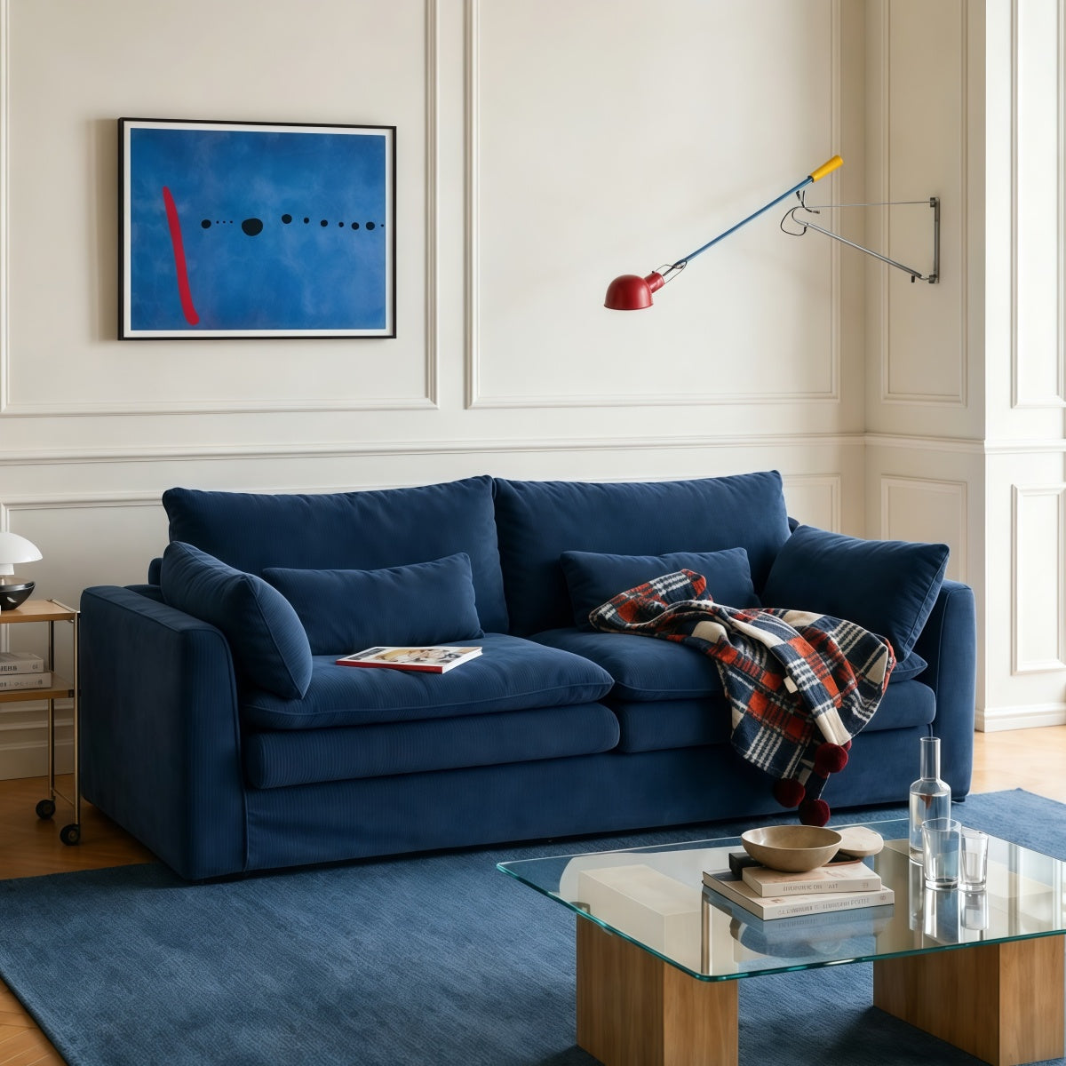 Blue corduroy down-filled sofa with straight-line Bauhaus design and removable washable cover for small living rooms