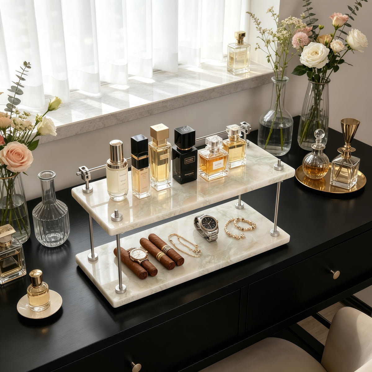 American Retro Style marble bathroom shelf with double-layer stainless steel frame for perfume and toiletries storage
