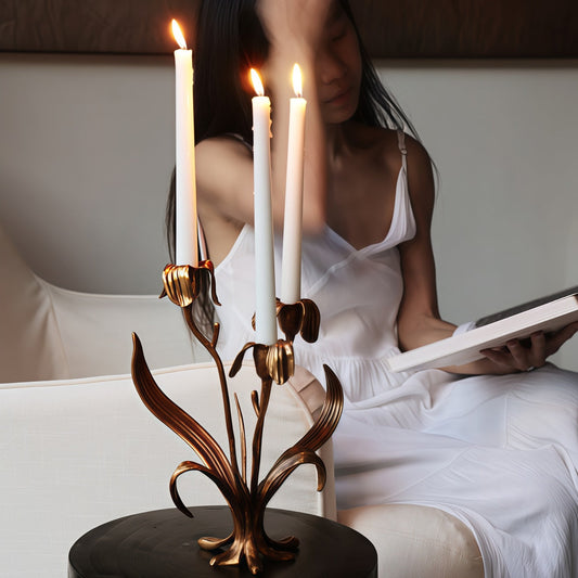 Iris flower cast bronze vintage candlestick with copper base for living and dining room decor