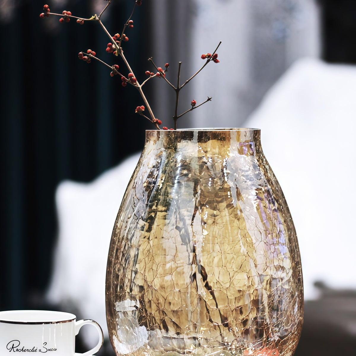 Glass Vase Floral: Elegant Crackled Glass Vase for Home Decor