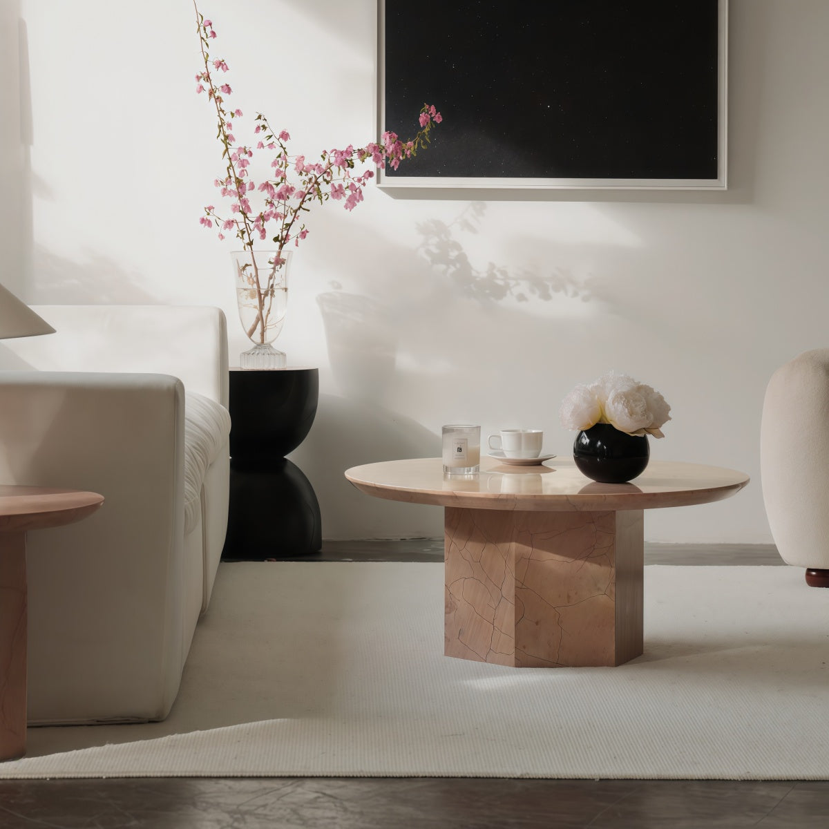 French-Style Living Room Coffee Table Set Rose-Pink Natural Marble Creamy Aesthetic