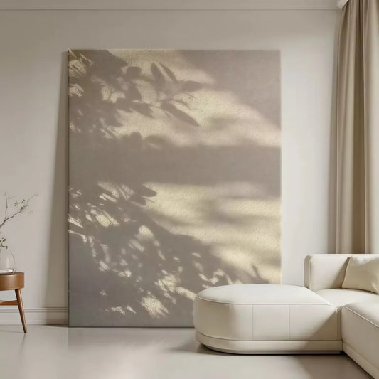 Hand-painted Wabi-Sabi landscape painting with tree shadows and textured brushstrokes in Italian minimalist style for modern living room wall decor