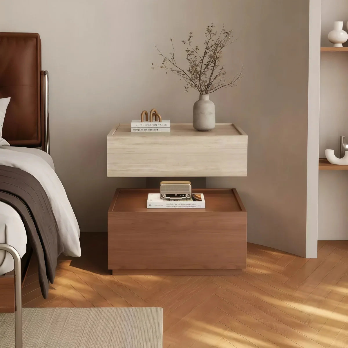 Floating block bedside table with walnut wood and travertine veneer, built-in sensor lamp, and double drawers