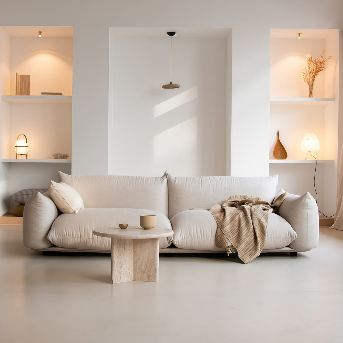 Italian Minimalist Sofa cream L-shaped movable floor sofa with sherpa fleece upholstery and pine wood frame