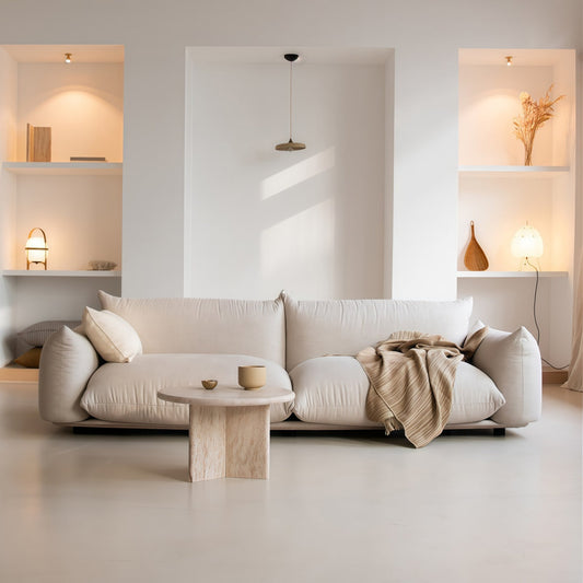 Italian Minimalist Sofa cream L-shaped movable floor sofa with sherpa fleece upholstery and pine wood frame
