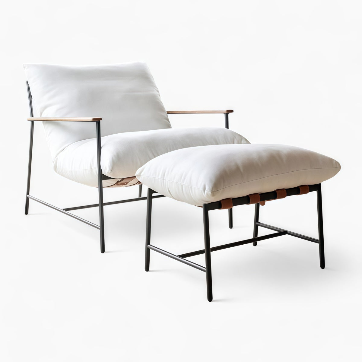 Vail Lounge Chair with plush feather-blend cushion, genuine leather straps, and matte black steel frame
