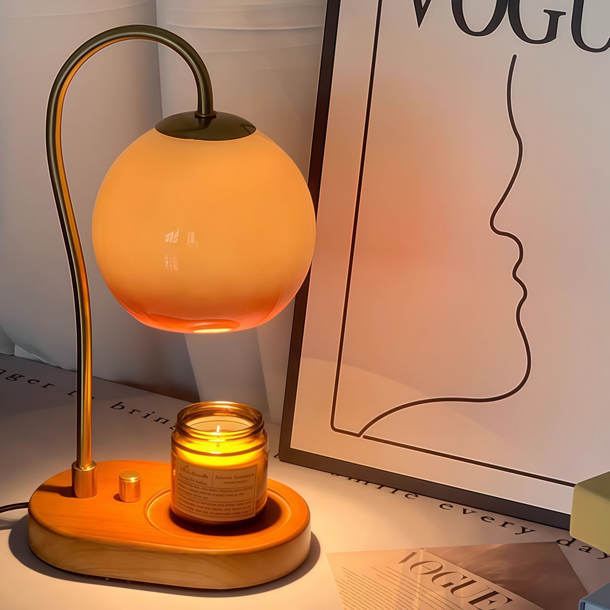 Vintage aromatherapy candle lamp with amber glass, solid wood base, and electroplated body emitting warm fire-infused ambient light